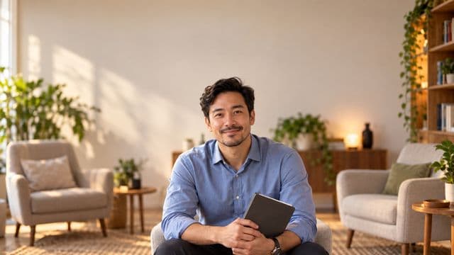 Psicólogo sorrindo, com camisa social azul, sem gravata, segurando um caderno de anotações, em um consultório de psicologia aconchegante com poltronas e plantas
