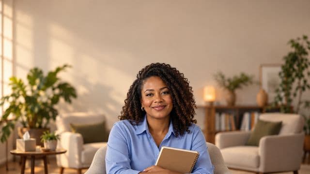 Psicóloga sorrindo, com camisa social azul, sem gravata, segurando um caderno de anotações, em um consultório de psicologia aconchegante com poltronas e plantas