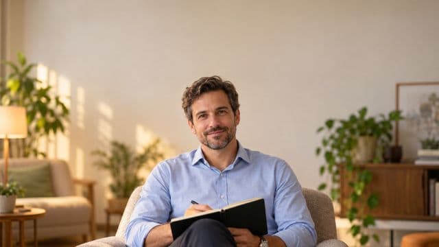 Psicólogo sorrindo, com camisa social azul, sem gravata, segurando um caderno de anotações, em um consultório de psicologia aconchegante com poltronas e plantas