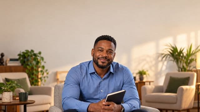 Psicólogo sorrindo, com camisa social azul, sem gravata, segurando um caderno de anotações, em um consultório de psicologia aconchegante com poltronas e plantas