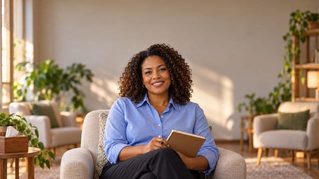 Psicóloga sorrindo, com camisa social azul, sem gravata, segurando um caderno de anotações, em um consultório de psicologia aconchegante com poltronas e plantas