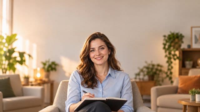 Psicóloga sorrindo, com camisa social azul, sem gravata, segurando um caderno de anotações, em um consultório de psicologia aconchegante com poltronas e plantas