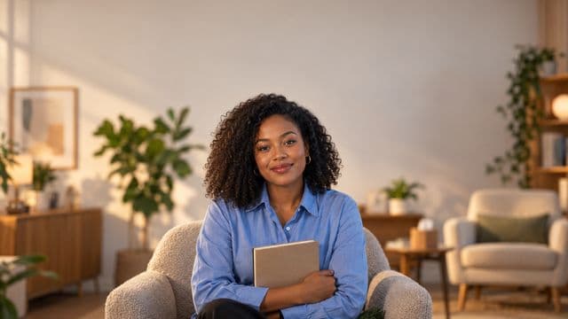 Psicóloga sorrindo, com camisa social azul, sem gravata, segurando um caderno de anotações, em um consultório de psicologia aconchegante com poltronas e plantas