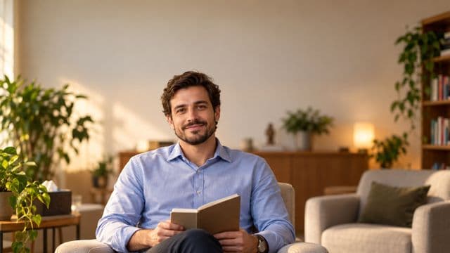Psicólogo sorrindo, com camisa social azul, sem gravata, segurando um caderno de anotações, em um consultório de psicologia aconchegante com poltronas e plantas