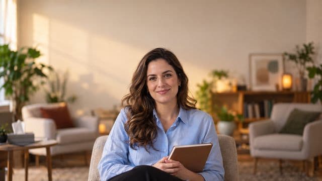 Psicóloga sorrindo, com camisa social azul, sem gravata, segurando um caderno de anotações, em um consultório de psicologia aconchegante com poltronas e plantas