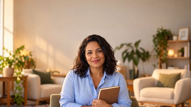 Psicóloga sorrindo, com camisa social azul, sem gravata, segurando um caderno de anotações, em um consultório de psicologia aconchegante com poltronas e plantas