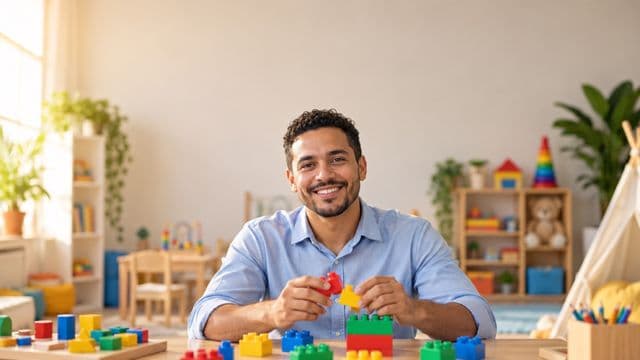 Psicopedagogo sorrindo, com camisa azul-clara, segurando blocos de montar coloridos, em uma sala de atendimento infantil colorida e organizada, com brinquedos pedagógicos
