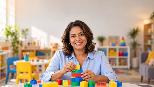 Psicopedagoga sorrindo, com camisa azul-clara, segurando blocos de montar coloridos, em uma sala de atendimento infantil colorida e organizada, com brinquedos pedagógicos