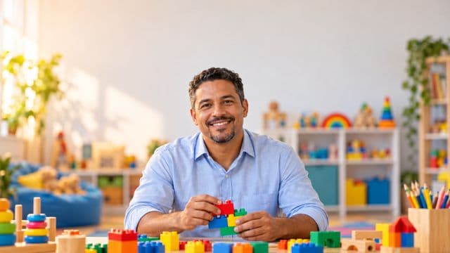 Psicopedagogo sorrindo, com camisa azul-clara, segurando blocos de montar coloridos, em uma sala de atendimento infantil colorida e organizada, com brinquedos pedagógicos