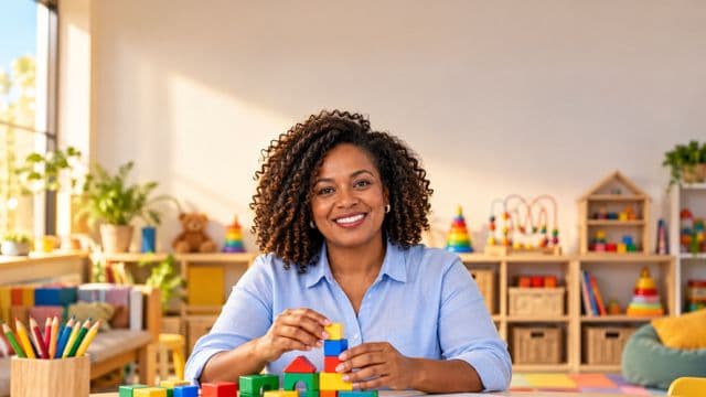 Psicopedagoga sorrindo, com camisa azul-clara, segurando blocos de montar coloridos, em uma sala de atendimento infantil colorida e organizada, com brinquedos pedagógicos