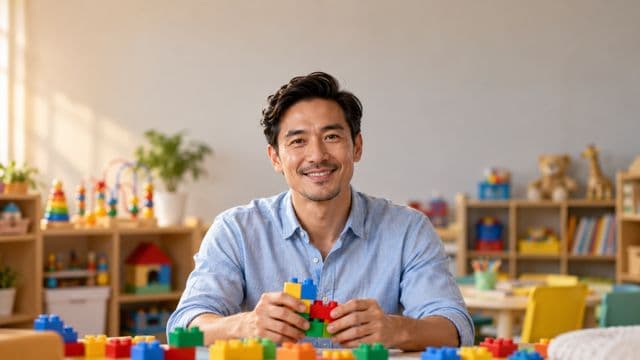 Psicopedagogo sorrindo, com camisa azul-clara, segurando blocos de montar coloridos, em uma sala de atendimento infantil colorida e organizada, com brinquedos pedagógicos