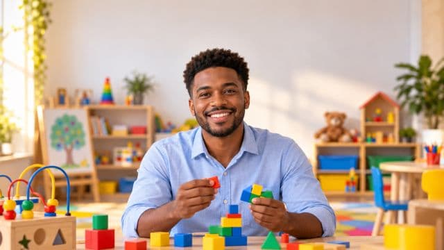 Psicopedagogo sorrindo, com camisa azul-clara, segurando blocos de montar coloridos, em uma sala de atendimento infantil colorida e organizada, com brinquedos pedagógicos