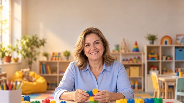 Psicopedagoga sorrindo, com camisa azul-clara, segurando blocos de montar coloridos, em uma sala de atendimento infantil colorida e organizada, com brinquedos pedagógicos
