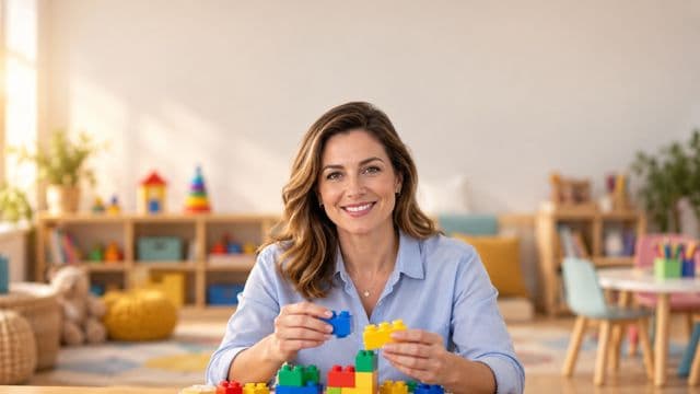 Psicopedagoga sorrindo, com camisa azul-clara, segurando blocos de montar coloridos, em uma sala de atendimento infantil colorida e organizada, com brinquedos pedagógicos