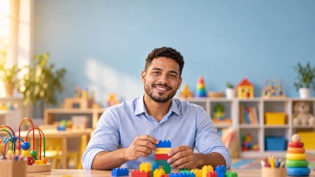 Psicopedagogo sorrindo, com camisa azul-clara, segurando blocos de montar coloridos, em uma sala de atendimento infantil colorida e organizada, com brinquedos pedagógicos