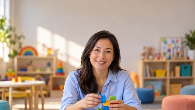 Psicopedagoga sorrindo, com camisa azul-clara, segurando blocos de montar coloridos, em uma sala de atendimento infantil colorida e organizada, com brinquedos pedagógicos