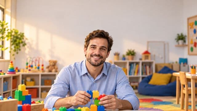 Psicopedagogo sorrindo, com camisa azul-clara, segurando blocos de montar coloridos, em uma sala de atendimento infantil colorida e organizada, com brinquedos pedagógicos