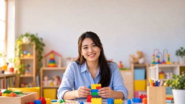 Psicopedagoga sorrindo, com camisa azul-clara, segurando blocos de montar coloridos, em uma sala de atendimento infantil colorida e organizada, com brinquedos pedagógicos