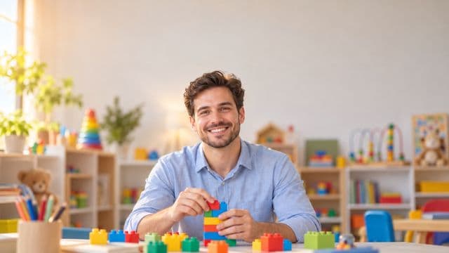 Psicopedagogo sorrindo, com camisa azul-clara, segurando blocos de montar coloridos, em uma sala de atendimento infantil colorida e organizada, com brinquedos pedagógicos