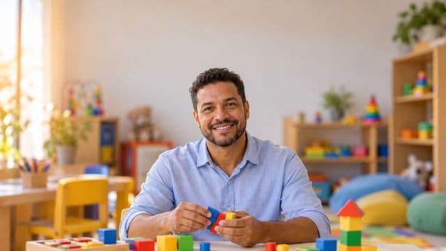 Psicopedagogo sorrindo, com camisa azul-clara, segurando blocos de montar coloridos, em uma sala de atendimento infantil colorida e organizada, com brinquedos pedagógicos
