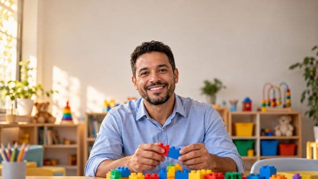 Psicopedagogo sorrindo, com camisa azul-clara, segurando blocos de montar coloridos, em uma sala de atendimento infantil colorida e organizada, com brinquedos pedagógicos