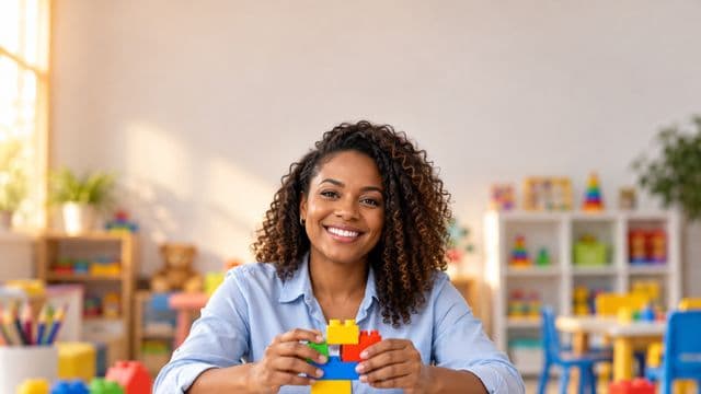 Psicopedagoga sorrindo, com camisa azul-clara, segurando blocos de montar coloridos, em uma sala de atendimento infantil colorida e organizada, com brinquedos pedagógicos