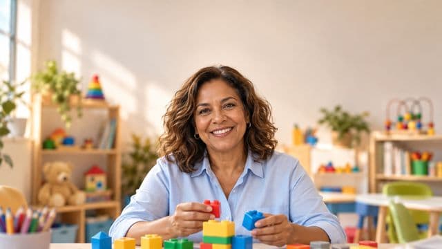 Psicopedagoga sorrindo, com camisa azul-clara, segurando blocos de montar coloridos, em uma sala de atendimento infantil colorida e organizada, com brinquedos pedagógicos