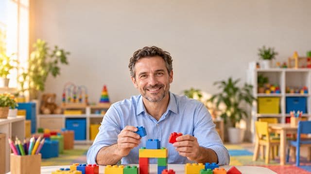 Psicopedagogo sorrindo, com camisa azul-clara, segurando blocos de montar coloridos, em uma sala de atendimento infantil colorida e organizada, com brinquedos pedagógicos