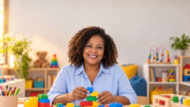 Psicopedagoga sorrindo, com camisa azul-clara, segurando blocos de montar coloridos, em uma sala de atendimento infantil colorida e organizada, com brinquedos pedagógicos