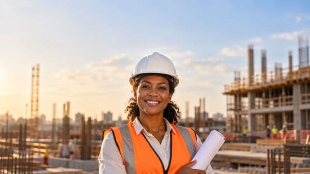Engenheira civil sorrindo, com capacete branco e colete refletivo laranja, segurando uma planta da obra enrolada, em um canteiro de obras com a estrutura de um prédio
