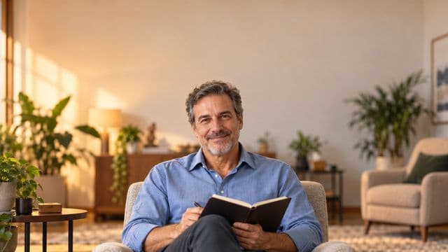 Psicólogo sorrindo, com camisa social azul, sem gravata, segurando um caderno de anotações, em um consultório de psicologia aconchegante com poltronas e plantas