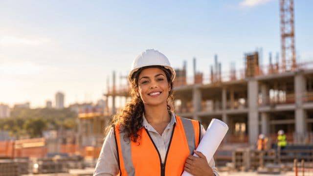 Engenheira civil sorrindo, com capacete branco e colete refletivo laranja, segurando uma planta da obra enrolada, em um canteiro de obras com a estrutura de um prédio