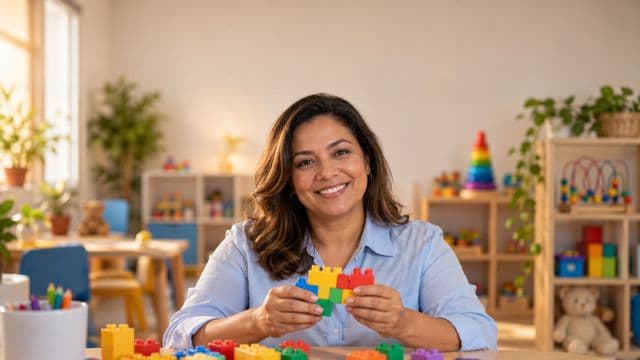 Psicopedagoga sorrindo, com camisa azul-clara, segurando blocos de montar coloridos, em uma sala de atendimento infantil colorida e organizada, com brinquedos pedagógicos