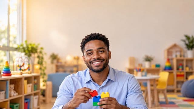 Psicopedagogo sorrindo, com camisa azul-clara, segurando blocos de montar coloridos, em uma sala de atendimento infantil colorida e organizada, com brinquedos pedagógicos