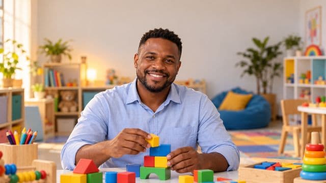 Psicopedagogo sorrindo, com camisa azul-clara, segurando blocos de montar coloridos, em uma sala de atendimento infantil colorida e organizada, com brinquedos pedagógicos