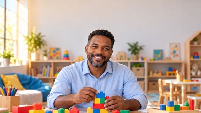 Psicopedagogo sorrindo, com camisa azul-clara, segurando blocos de montar coloridos, em uma sala de atendimento infantil colorida e organizada, com brinquedos pedagógicos