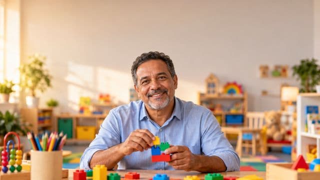 Psicopedagogo sorrindo, com camisa azul-clara, segurando blocos de montar coloridos, em uma sala de atendimento infantil colorida e organizada, com brinquedos pedagógicos