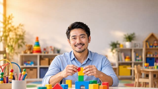 Psicopedagogo sorrindo, com camisa azul-clara, segurando blocos de montar coloridos, em uma sala de atendimento infantil colorida e organizada, com brinquedos pedagógicos
