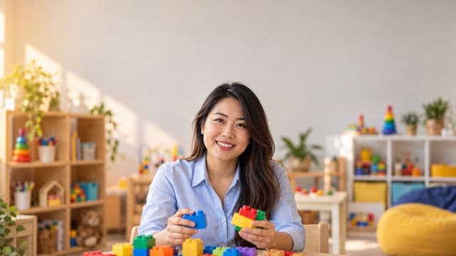 Psicopedagoga sorrindo, com camisa azul-clara, segurando blocos de montar coloridos, em uma sala de atendimento infantil colorida e organizada, com brinquedos pedagógicos