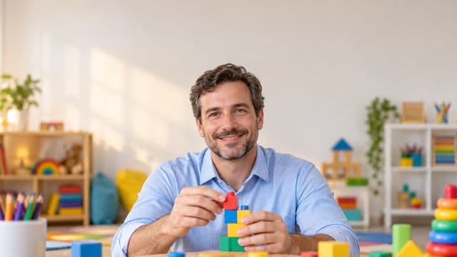 Psicopedagogo sorrindo, com camisa azul-clara, segurando blocos de montar coloridos, em uma sala de atendimento infantil colorida e organizada, com brinquedos pedagógicos