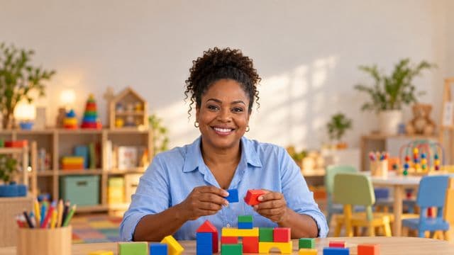 Psicopedagoga sorrindo, com camisa azul-clara, segurando blocos de montar coloridos, em uma sala de atendimento infantil colorida e organizada, com brinquedos pedagógicos