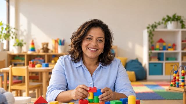 Psicopedagoga sorrindo, com camisa azul-clara, segurando blocos de montar coloridos, em uma sala de atendimento infantil colorida e organizada, com brinquedos pedagógicos