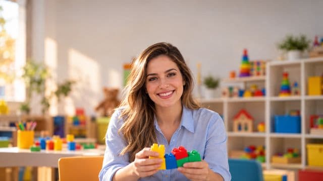 Psicopedagoga sorrindo, com camisa azul-clara, segurando blocos de montar coloridos, em uma sala de atendimento infantil colorida e organizada, com brinquedos pedagógicos