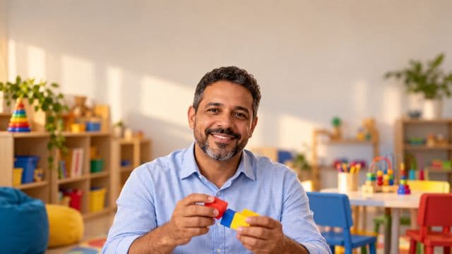 Psicopedagogo sorrindo, com camisa azul-clara, segurando blocos de montar coloridos, em uma sala de atendimento infantil colorida e organizada, com brinquedos pedagógicos