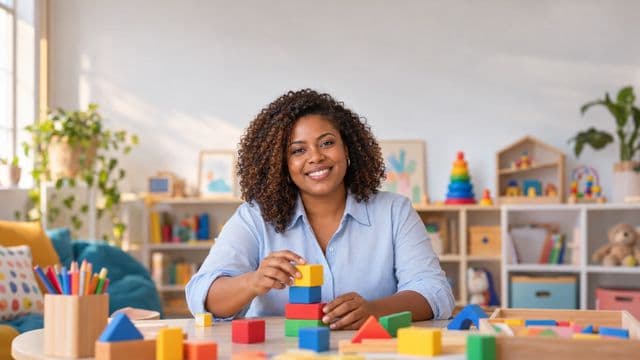 Psicopedagoga sorrindo, com camisa azul-clara, segurando blocos de montar coloridos, em uma sala de atendimento infantil colorida e organizada, com brinquedos pedagógicos