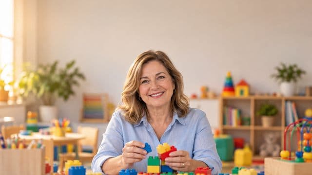 Psicopedagoga sorrindo, com camisa azul-clara, segurando blocos de montar coloridos, em uma sala de atendimento infantil colorida e organizada, com brinquedos pedagógicos