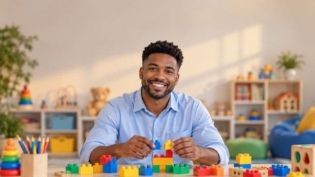 Psicopedagogo sorrindo, com camisa azul-clara, segurando blocos de montar coloridos, em uma sala de atendimento infantil colorida e organizada, com brinquedos pedagógicos