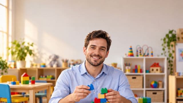 Psicopedagogo sorrindo, com camisa azul-clara, segurando blocos de montar coloridos, em uma sala de atendimento infantil colorida e organizada, com brinquedos pedagógicos
