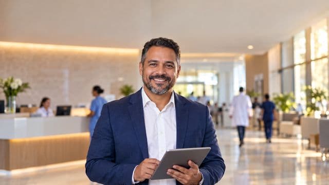 Gestor hospitalar sorrindo, com blazer azul-marinho sobre camisa branca, segurando um tablet, em a recepção de um hospital moderno