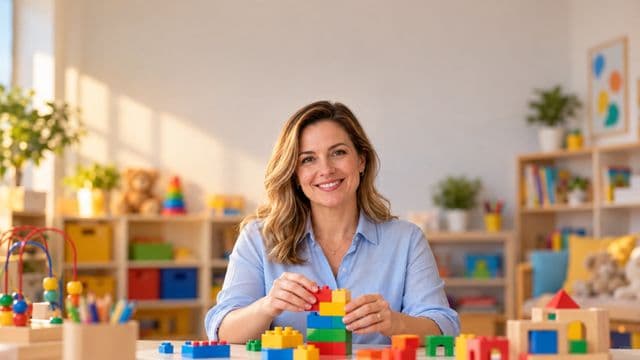 Psicopedagoga sorrindo, com camisa azul-clara, segurando blocos de montar coloridos, em uma sala de atendimento infantil colorida e organizada, com brinquedos pedagógicos